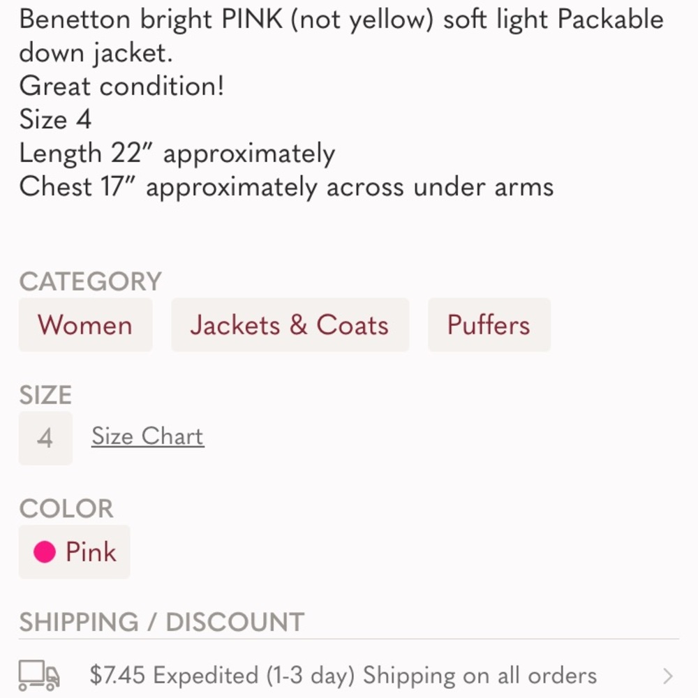 Benetton fuchsia lightweight down jacket - Picture 5 of 5
